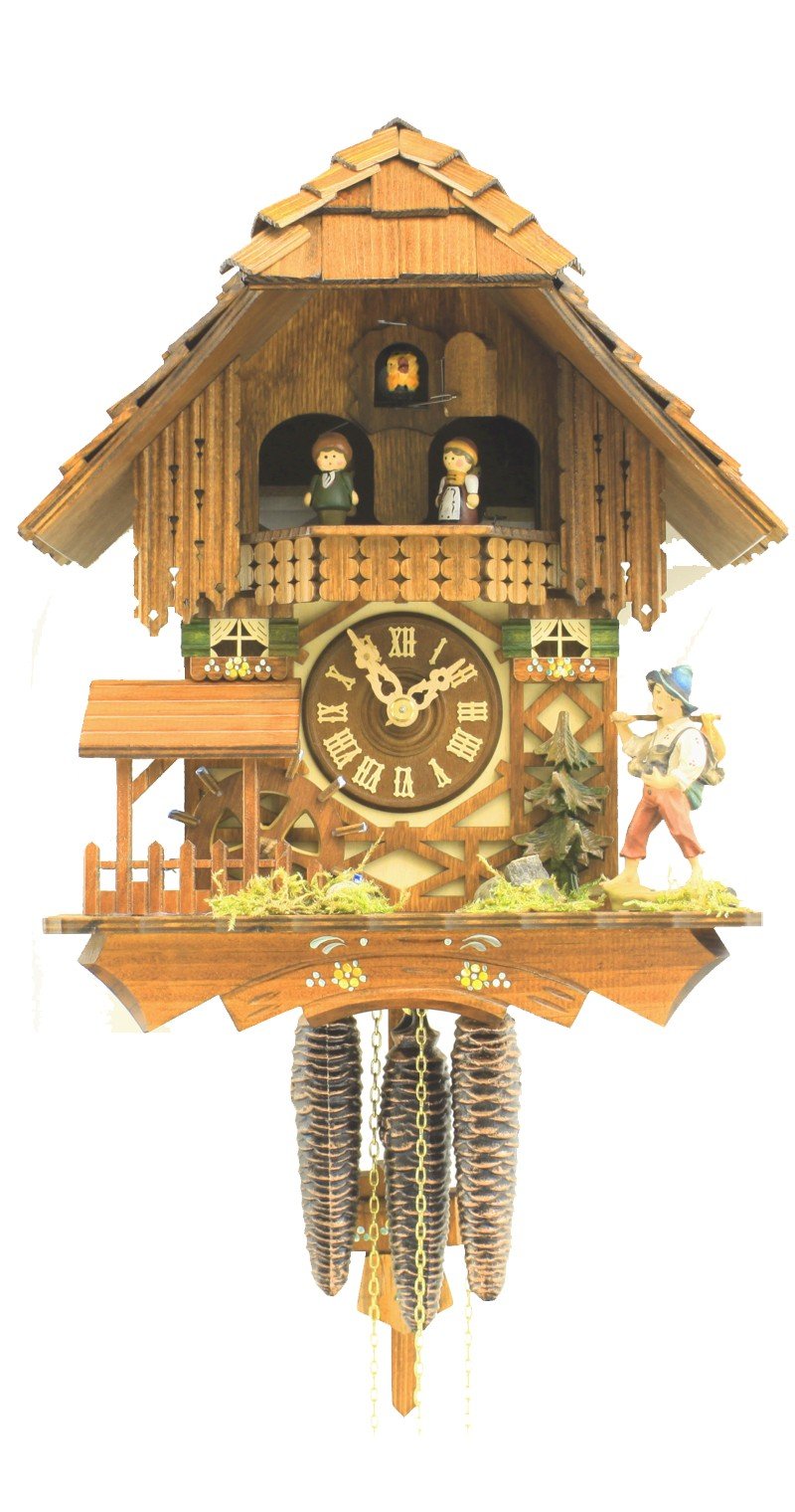 Rombach &amp; Haas Klassische Kuckucksuhr Naturholz mit sich bewegendem Mühlrad und Tänzern 1-Tagwerk 31