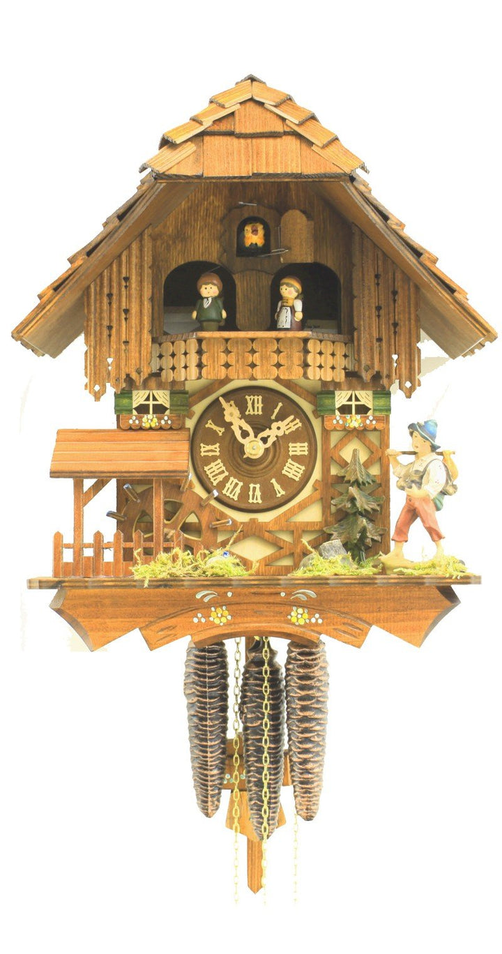 Rombach &amp; Haas Klassische Kuckucksuhr Naturholz mit sich bewegendem Mühlrad und Tänzern 1-Tagwerk 31