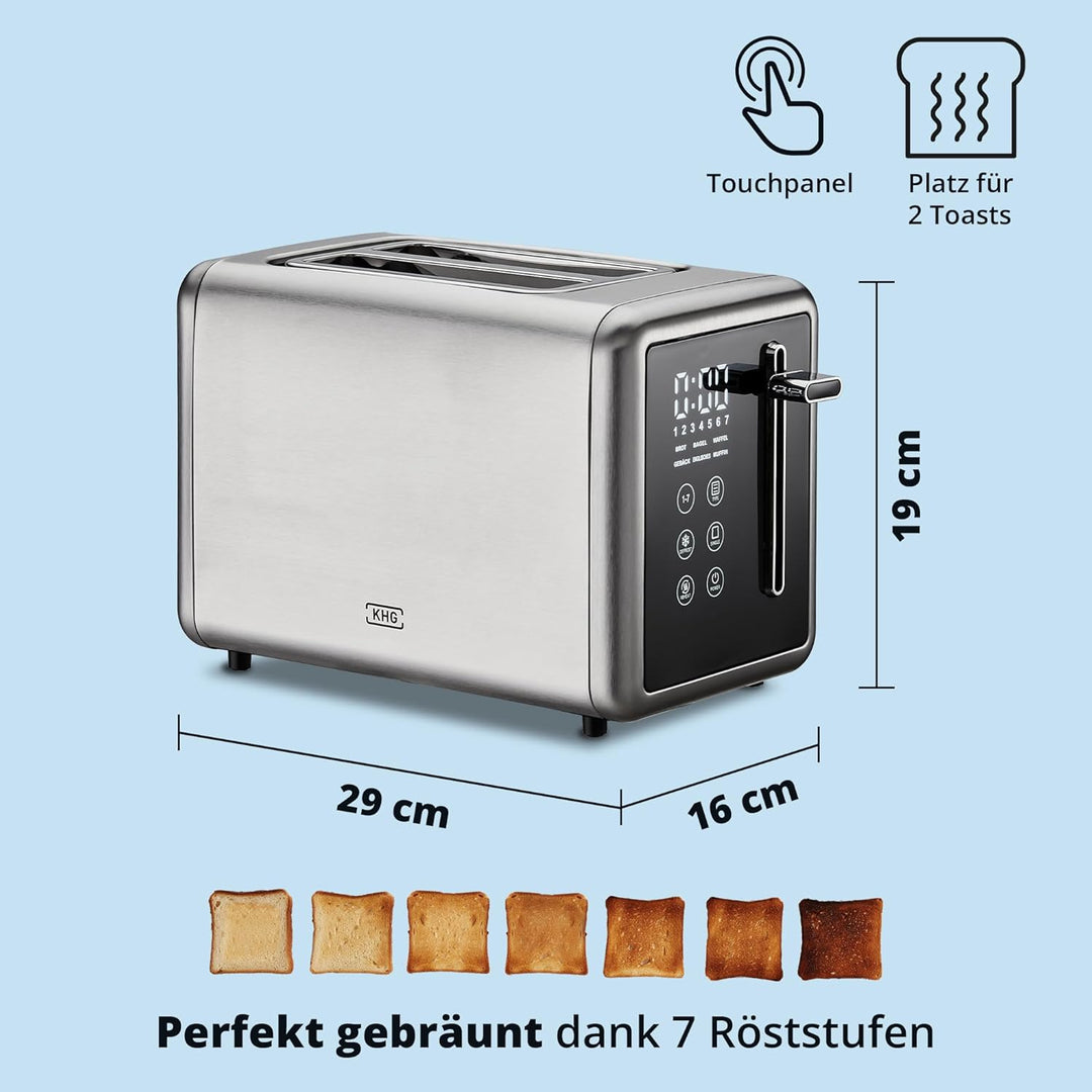 KHG - Toaster 2 Scheiben Edelstahl Touchpanel 850 W - Brötchenaufsatz, 7 Bräunungsstufen, 6 Programm