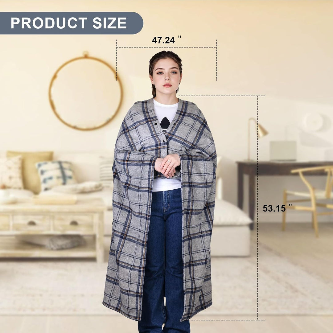 Tragbare Decke Kompaktes Kissen 2-in-1-Schossdecke Damen Poncho Fleece mit Knopf Karierte Tagesdecke