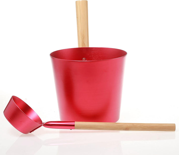 SULENO - Sauna Set ANEA Aufgusskübel 5 Liter Schöpfkelle Saunakübel Kübel Kelle (rot metallic)