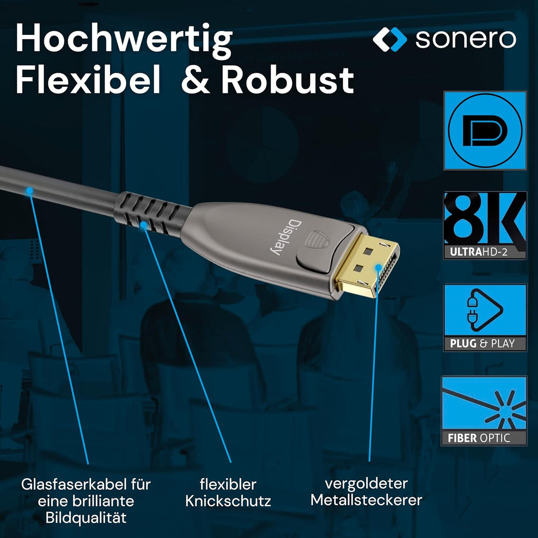 Sonero® 8K-DisplayPort 1.4 Kabel, Glasfaser-Hybrid-Kabel, Auflösung bis 8K 60 Hz (7680 x 4320) / 4K