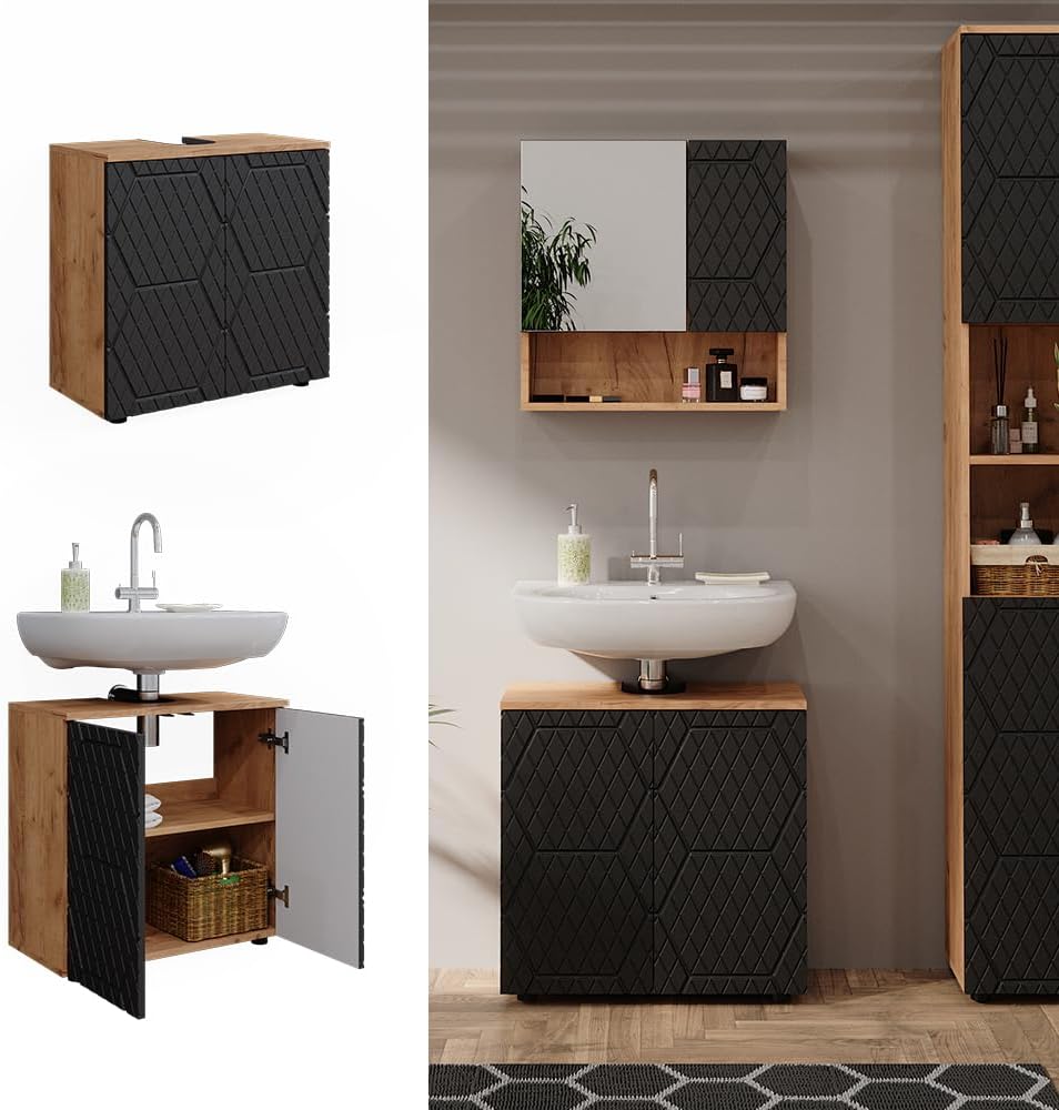 Vicco Waschbeckenunterschrank Irma, Anthrazit mit Wabenstruktur, 60 x 59 cm | mit Siphonaussparung u