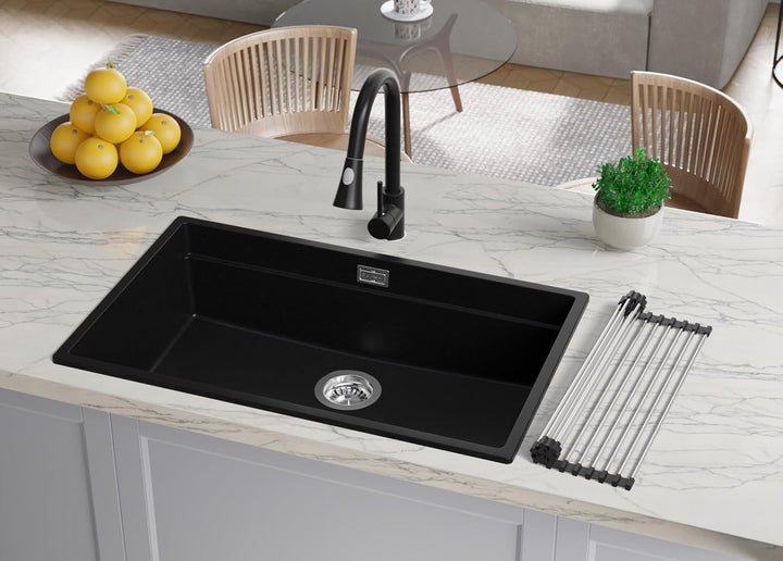 Spülbecken Schwarz 76x47 cm, Granitspüle + aufrollbare Abtropffläche + Ablauf-Set, Küchenspüle für 8