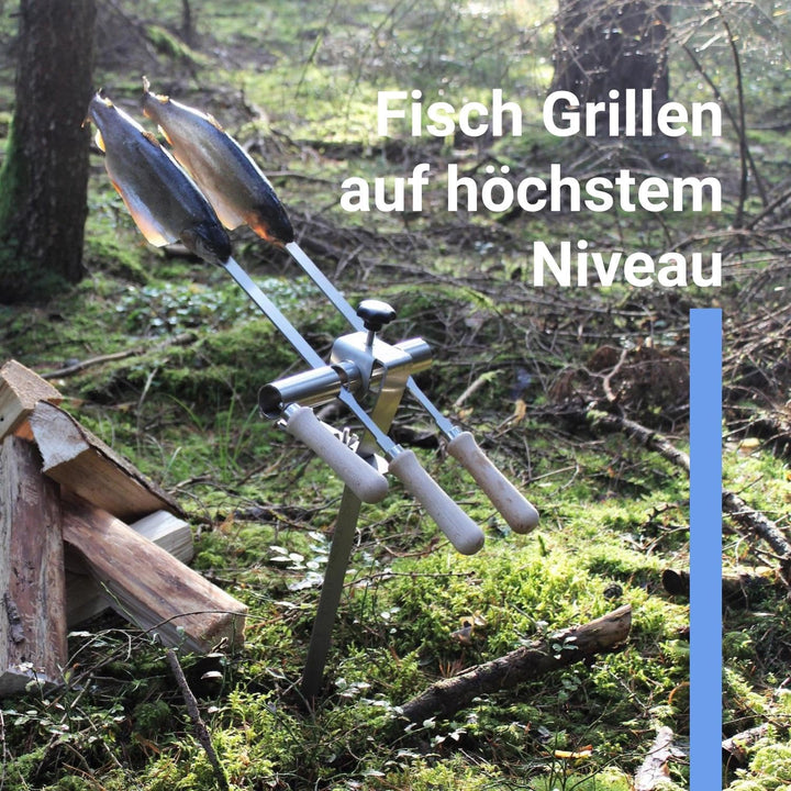Premium Steckerlfisch Halter für Lagerfeuer - Platz für 2 Fische - Fisch Grill Spiesshalter für offe