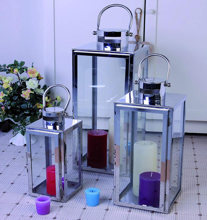 Luxus Edelstahl XXL Luxus 3er Set Gartenlaternen Set Windlicht Laterne Glas 30/40 / 53 cm Rostfrei