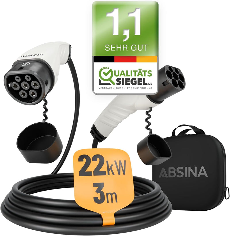 ABSINA Typ 2 Ladekabel 22kW & 32A für Hybrid & Elektroauto - 3 Meter Auto Ladekabel Typ2 3 phasig -