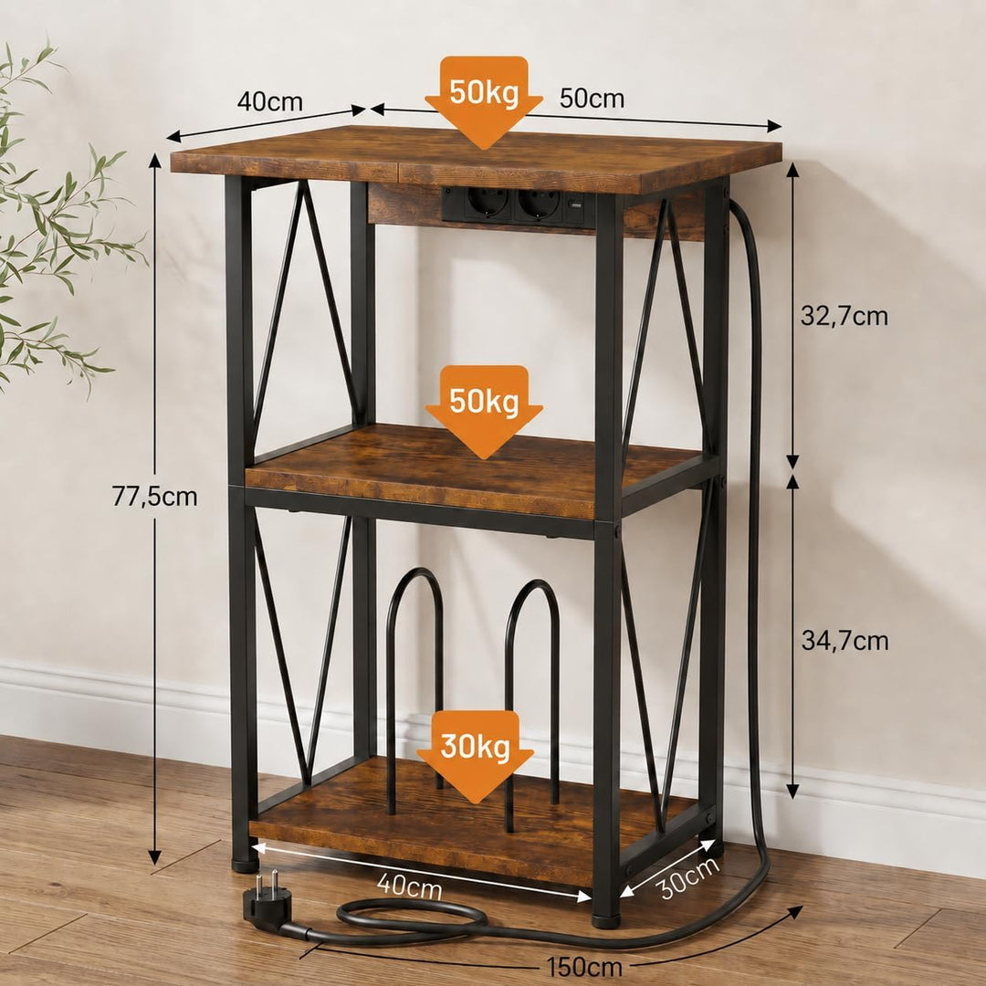 Plattenspieler Regal mit Ladestation, 50x40cm Schallplatten Regal, Braun | Stabiles Plattenspieler R