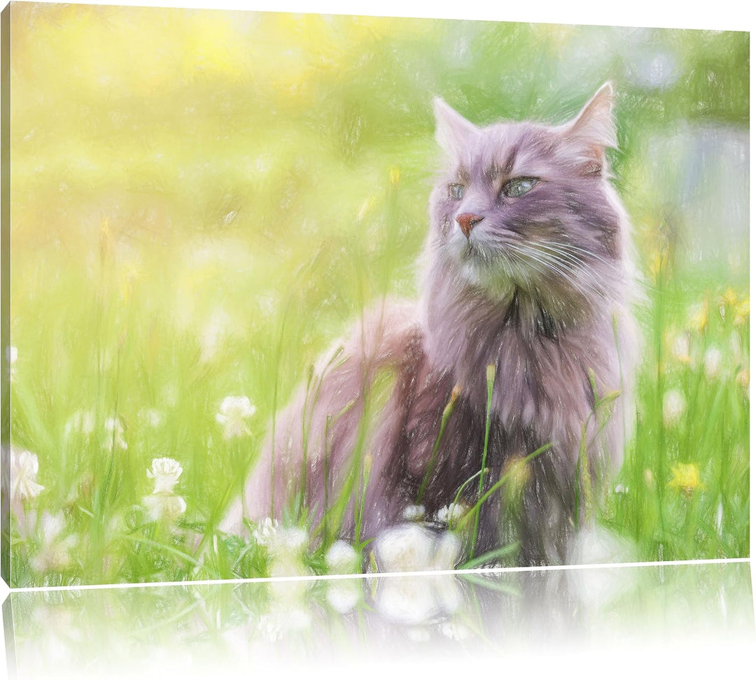 Pixxprint Katze in der Wildnis / 100x70cm Leinwandbild bespannt auf Holzrahmen/Wandbild Kunstdruck D