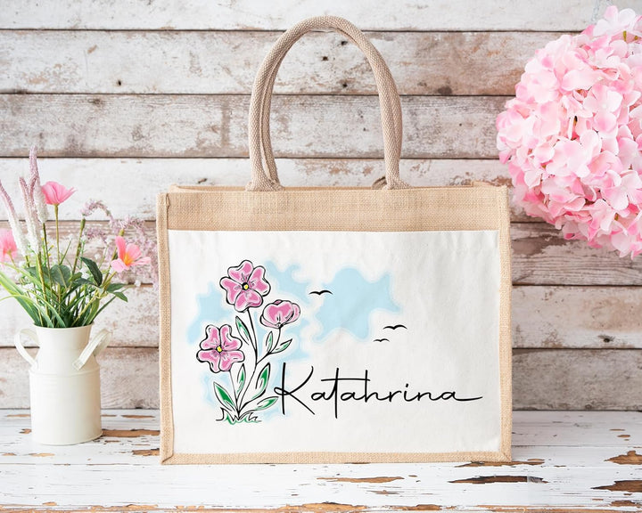 LIEBTASTISCH - Jutetasche mit Personalisierung - Blumen - Geschenk-Tasche - Verpackung - Abschied -