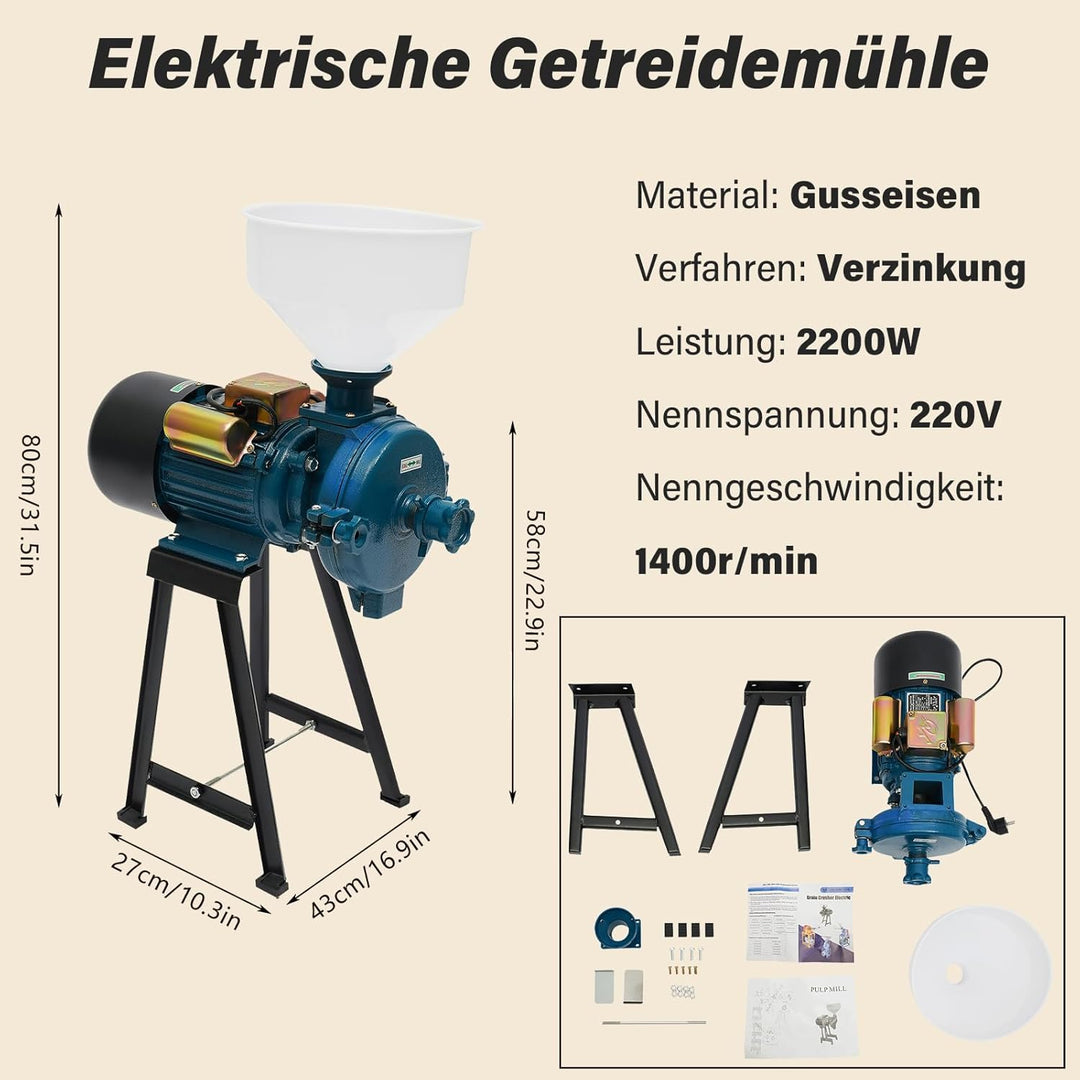 2200W 220V Getreidemühle, Getreidemühle Elektrisch, Getreidemühle Mühle Nussmühle mit Trichter, Komm