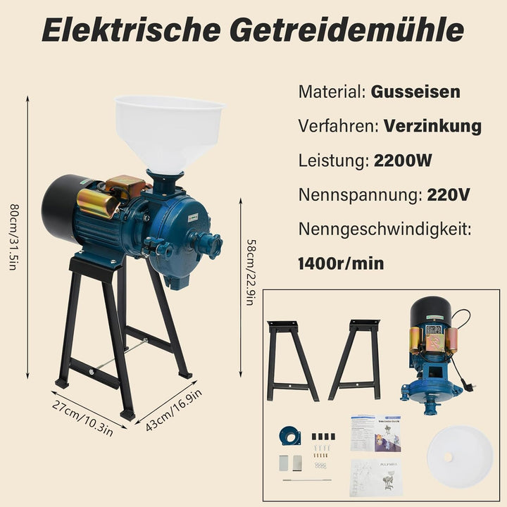 2200W 220V Getreidemühle, Getreidemühle Elektrisch, Getreidemühle Mühle Nussmühle mit Trichter, Komm