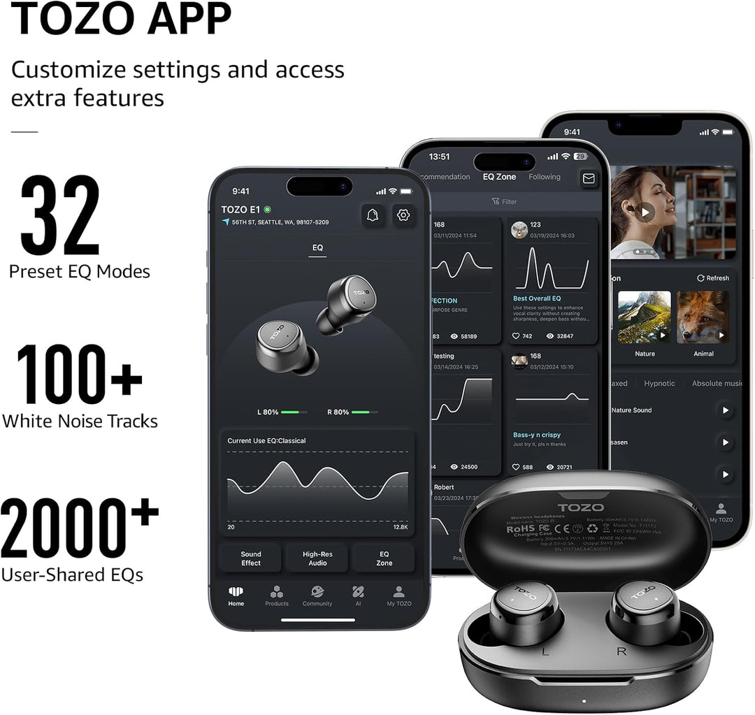 TOZO E1 Kopfhörer kabellos Bluetooth 5.3 Bluetooth Kopfhörer, In Ear Kopfhörer mit App, 30 Std Premi
