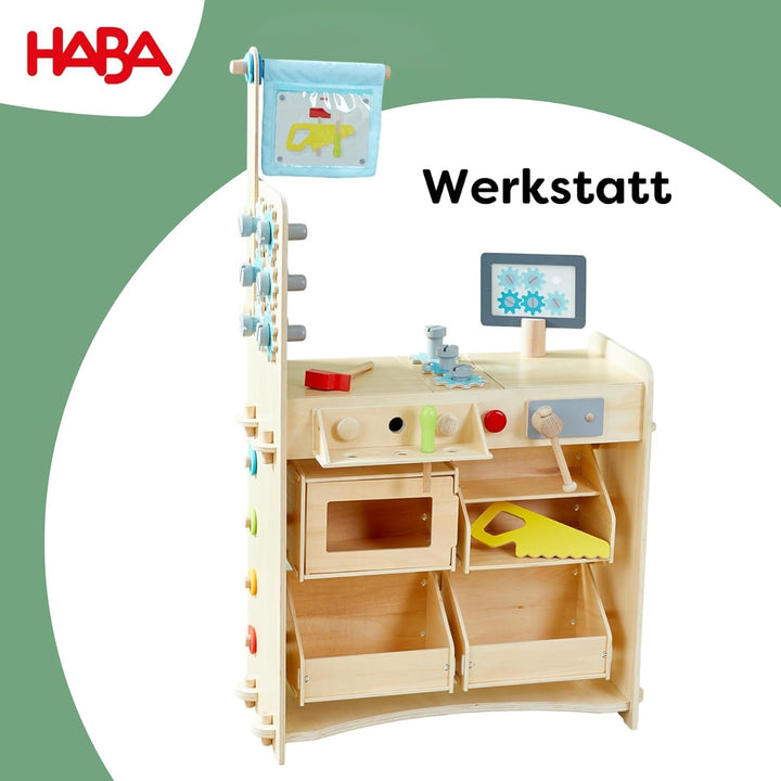 HABA Creative Play 3 in 1 - Spielküche, Kaufladen & Werkstatt für Kinder ab 3 Jahren - Werkzeugloser