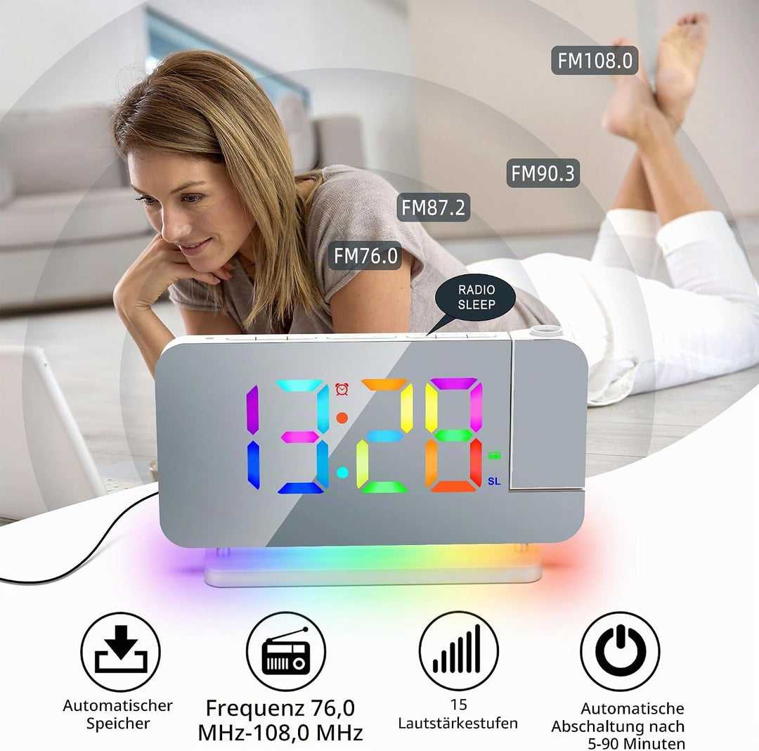 Lancoon Digitaler Wecker mit 180° Projektion Funkuhr 11 RGB Farbdisplay 10 Farben Nachtlicht 15 Stuf
