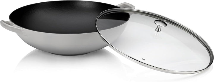 Kela Wok Calido, Ø 36 cm, 4 L, Gusseisen, hellgrau, Allherdboden, rau emailliert, Glasdeckel mit Ede