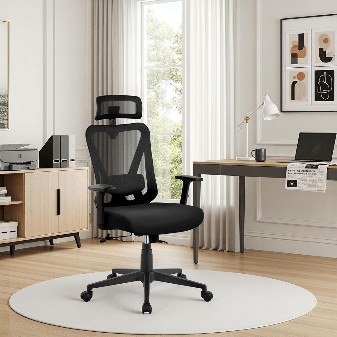 Yaheetech Bürostuhl Ergonomisch, Schreibtischstuhl mit Verstellbarer Kopfstütze, Armlehnen, Lendenwi