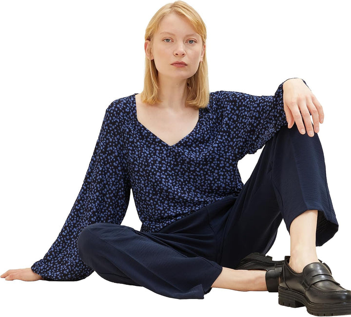 TOM TAILOR Denim Damen Denim T-Shirt Bluse mit Muster XXL 32411-navy Blue Flower Print, XXL 32411-na