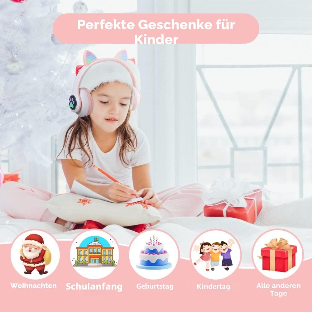 AXFEE Kopfhörer Kinder, Kinderkopfhörer Bluetooth, Mädchen Katzenohr Over-Ear mit LED-licht Faltbare