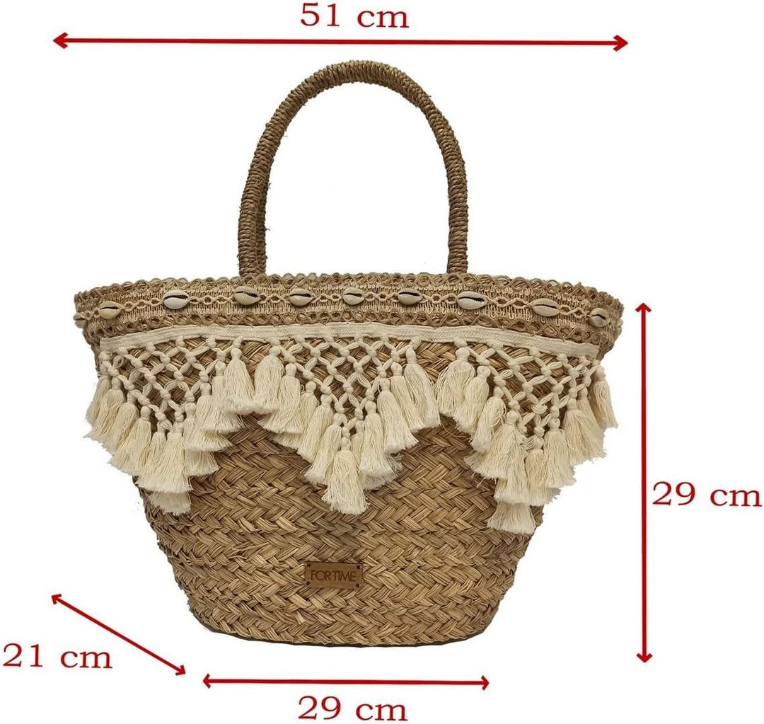 FOR TIME Women's Beach Tote Bag Strandtasche Shopper Damen, Natürlich