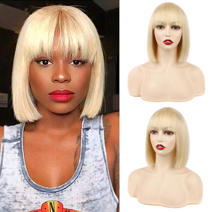 Huarisi 8 Inch Short Blonde Bob Wigs with Bangs Human Hair Straight 613 Color 8a None Lace Glueless