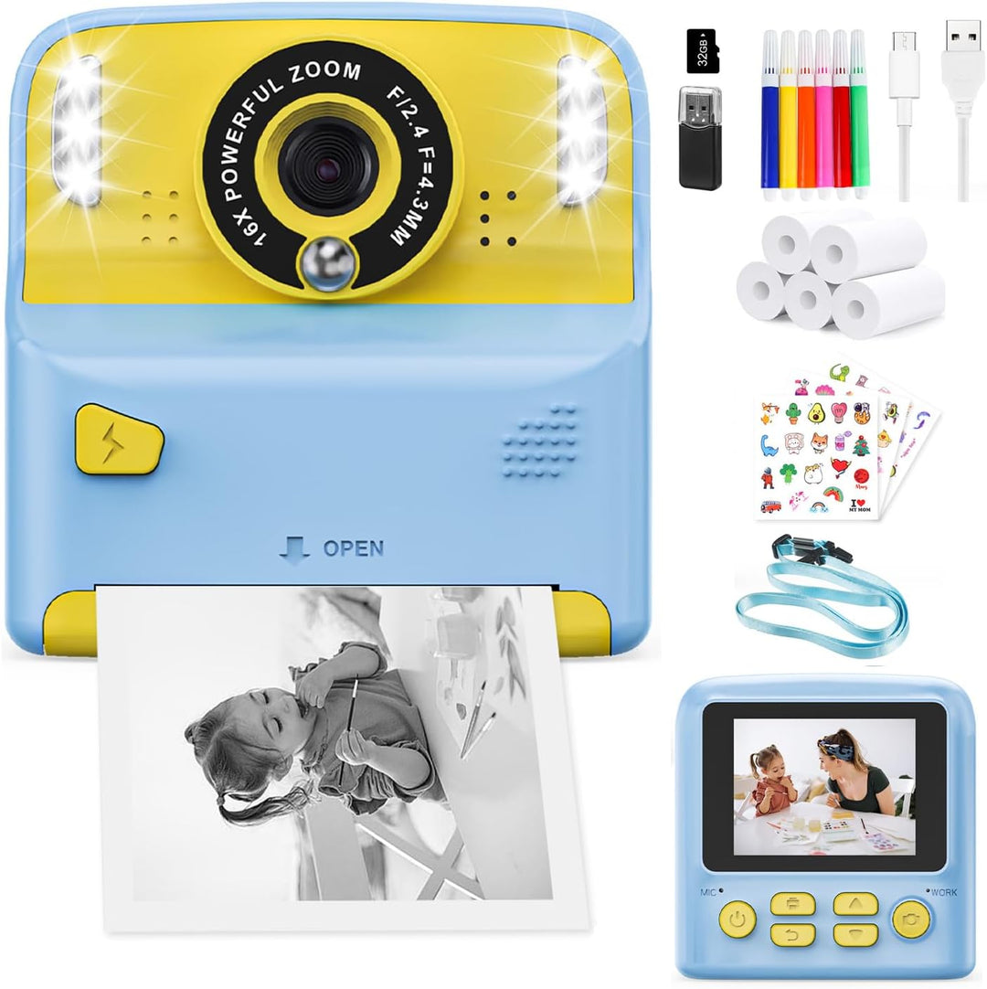 PHNIXGAM Sofortbildkamera Kinder mit 2-Blitzleuchten, Digitalkamera kinderkamera fotoapparat 2.4in H