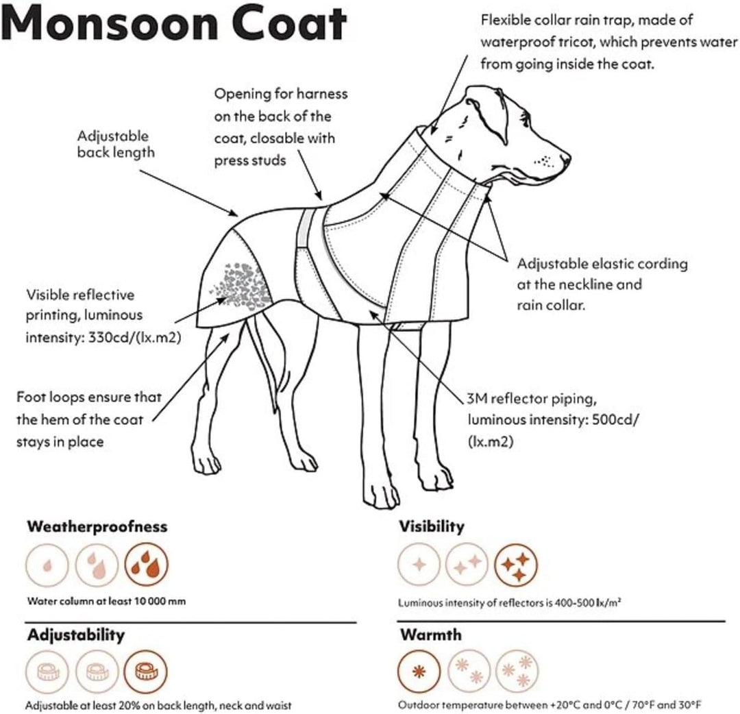 Hurtta Monsoon Hunderegenmantel mit Reflektoren, Wasserdicht Regenjacke für Hunde, Orange 65 cm Sand