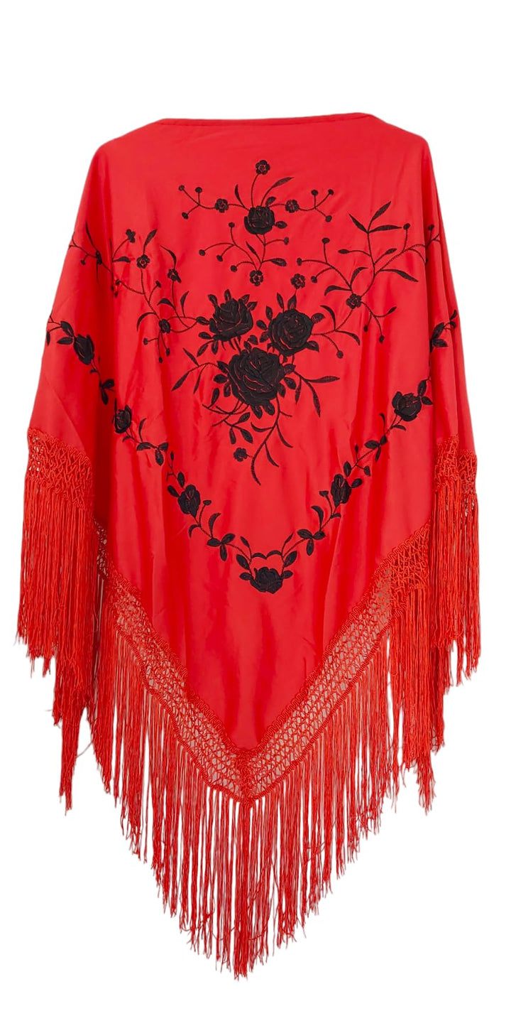 Dreieckiger bestickter Schal mit Fransen, 150/100/20 Rot/Schwarz, Rot/Schwarz