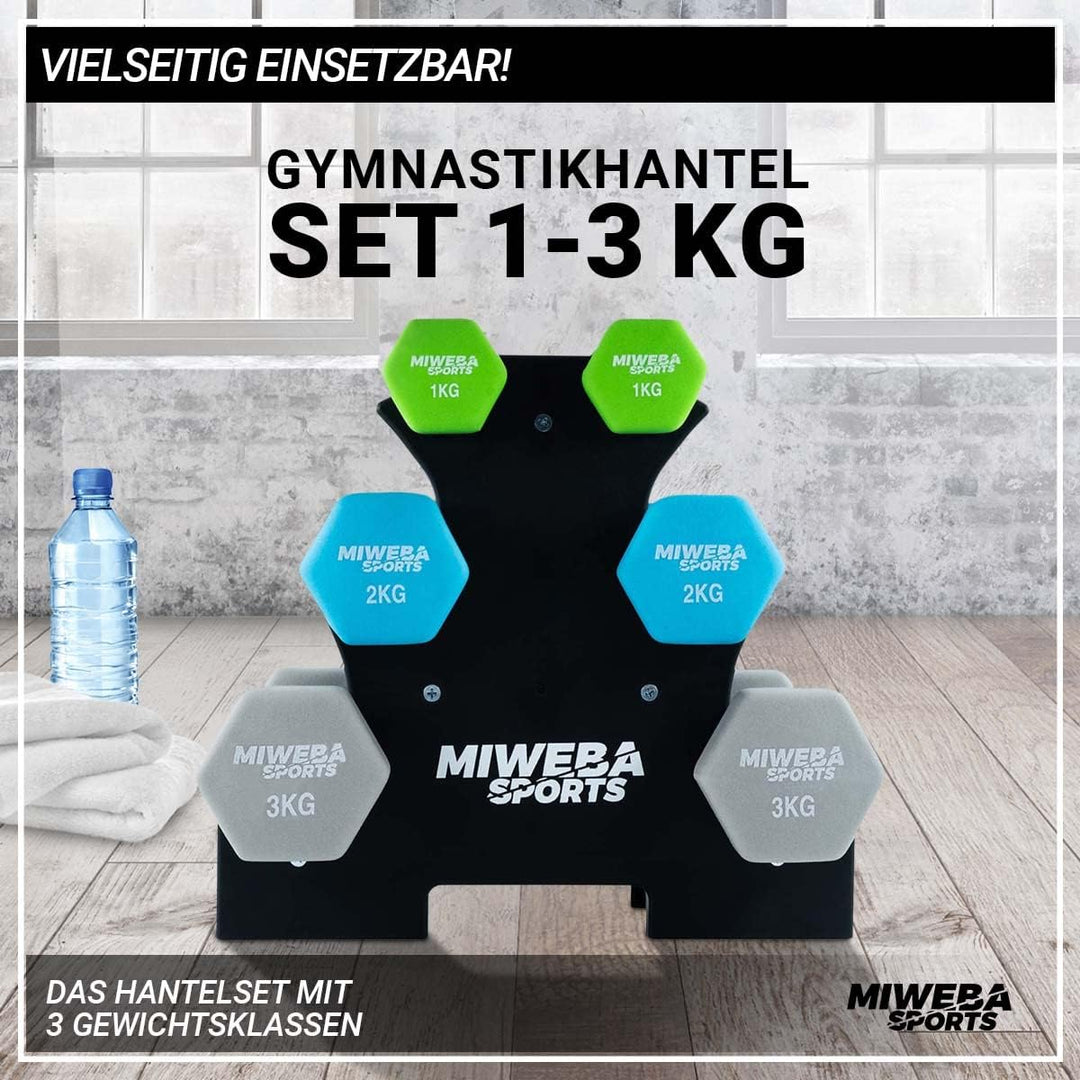 Miweba Sports Hanteln Set Neopren & Vinyl NKH120 - Kurzhantel Set 2 x 1 kg | 2 x 2 kg | 2 x 3 kg | 𝐏
