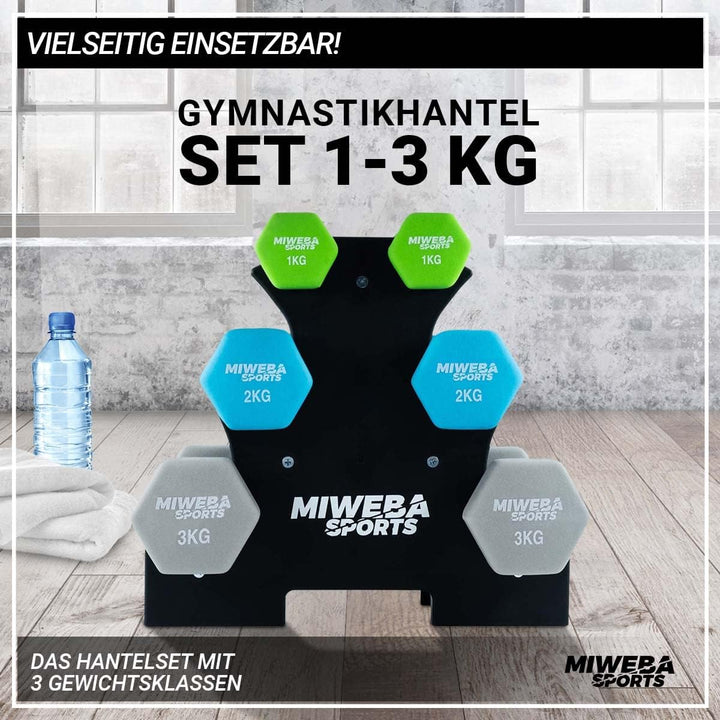 Miweba Sports Hanteln Set Neopren & Vinyl NKH120 - Kurzhantel Set 2 x 1 kg | 2 x 2 kg | 2 x 3 kg | 𝐏