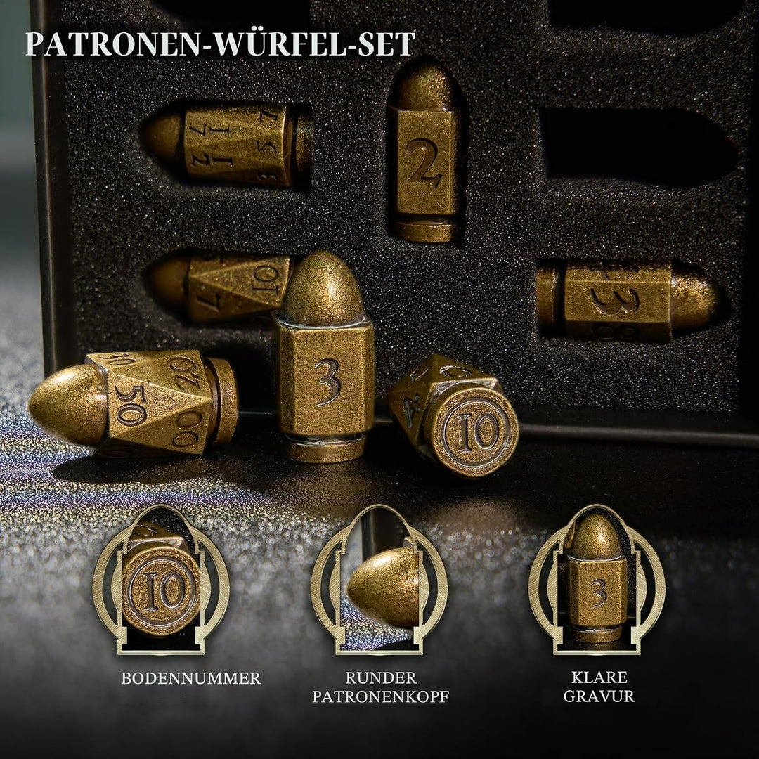 D&D Würfel Set 7 Stück aus Metall, Polyedrische Würfel in Bullet Bronze, für D&D, Rollenspiel Würfel