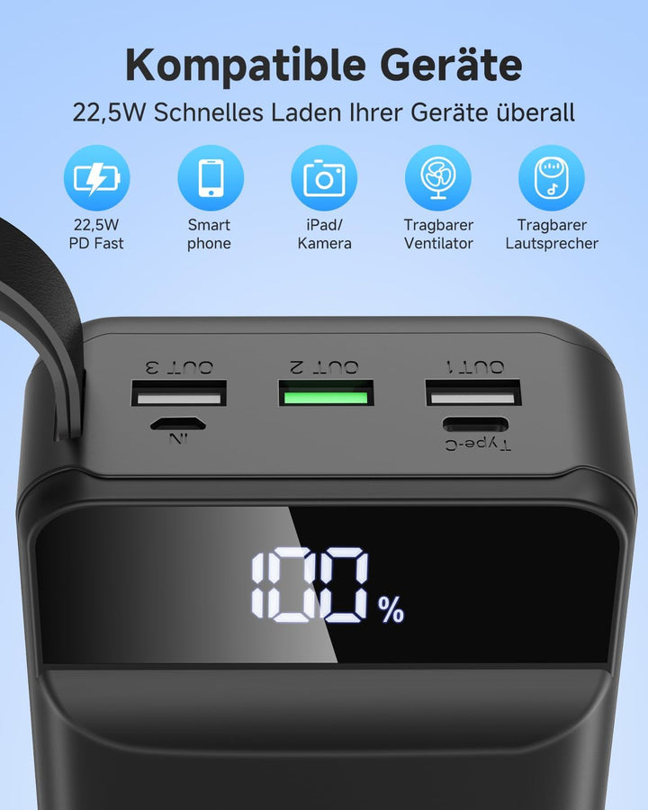 60000mAh Power Bank, 22,5W Powerbank USB-C Schnellladefunktion Externe Akku mit 4 Ausgänge und 2 Ein