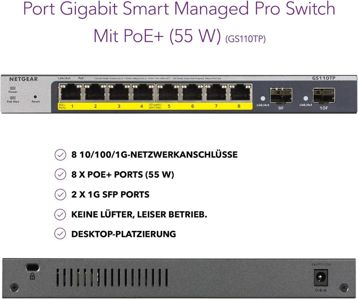 NETGEAR GS110TP 10 Port Gigabit Ethernet LAN PoE Switch Smart (Managed mit 8x PoE+ 55W, 2x 1G-SFP, l