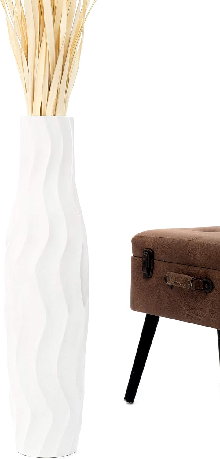 Leewadee Grosse Bodenvase für Dekozweige hohe Standvase Design Holzvase, Holz, 70 cm, Weiss 70 cm We