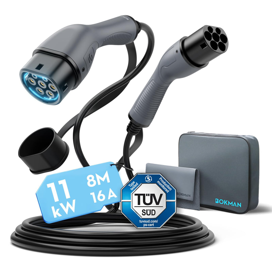 bokman Typ 2 Ladekabel, 11kW / 16A / 3-Phasig / 8 Meter/Modus 3, Typ 2 auf Typ 2 EV Ladekabel für El