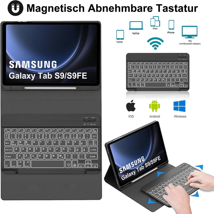 Samsung Galaxy Tab S9 FE Tastatur, Galaxy Tab S9 Hülle mit Tastatur, Samsung Tablet Tastatur für S9