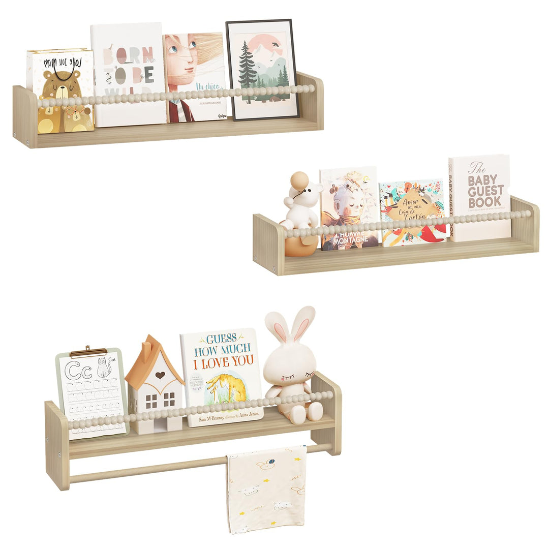 WOLTU 3er Set Kinder Bücherregal Wand, 60cm Wandregal Kinderzimmer, aus Massivholz, Hängeregal Schwe