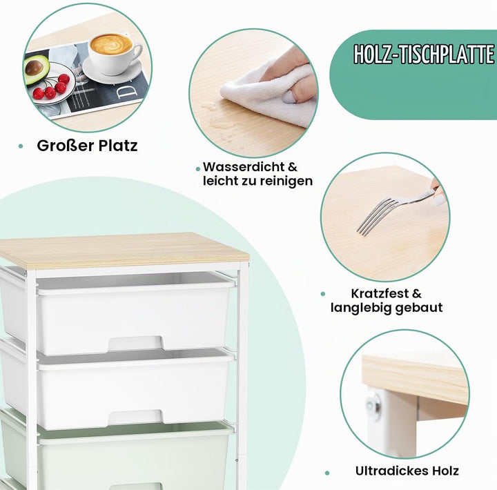 6-Schubladen-Rollwagen mit Holzplatte - Starker Rollcontainer aus Grün, Grün