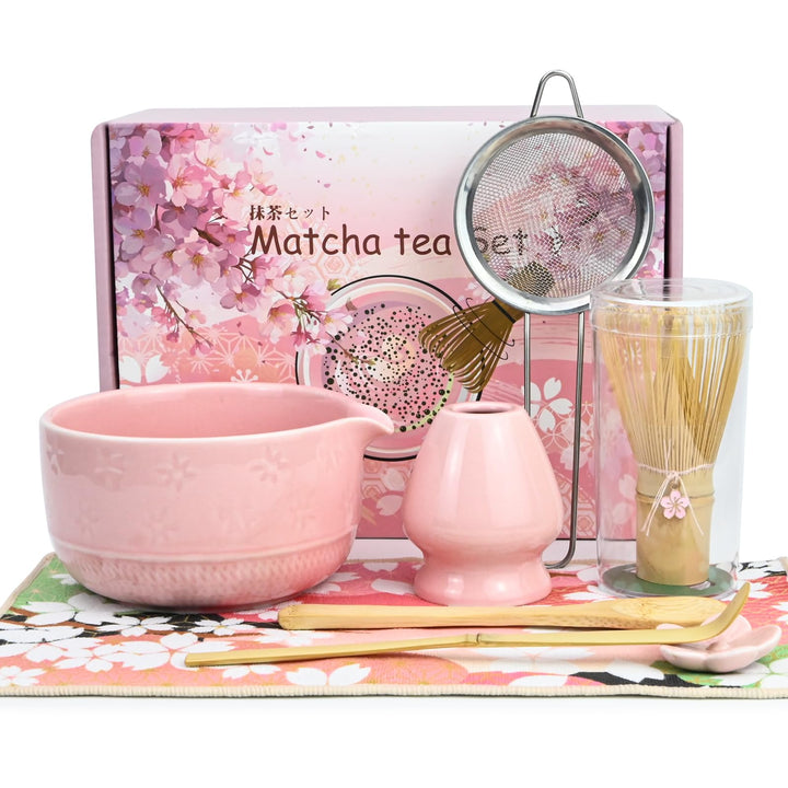 Matcha Set- 8 Stück Macha Tea Set mit Besen, Filtersieb, Schale,Löffel Teetuchunterlage,Geschenkset