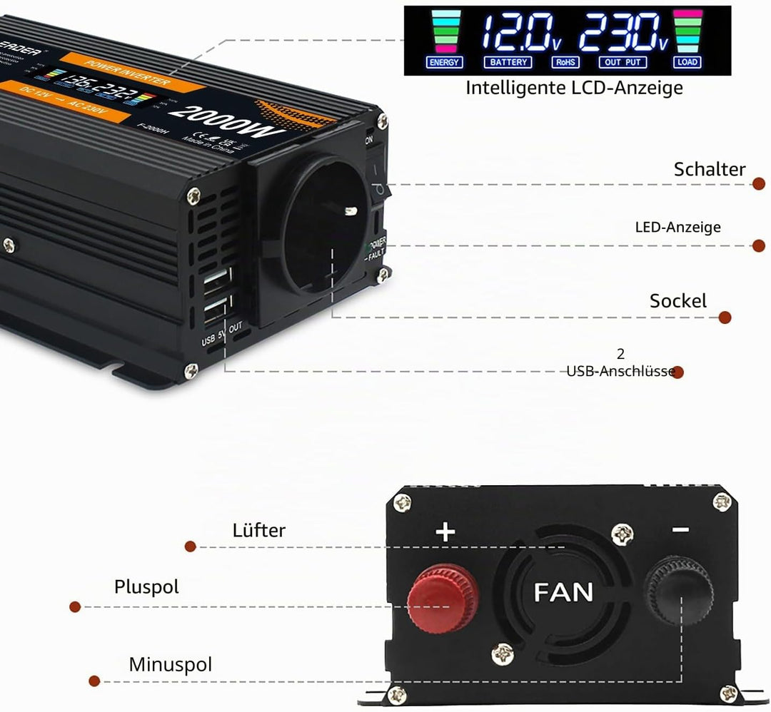 Yinleader Wechselrichter 900W 2000W 12V 230V Spannungswandler LCD mit 1 Steckdose 2 USB Anschlüsse