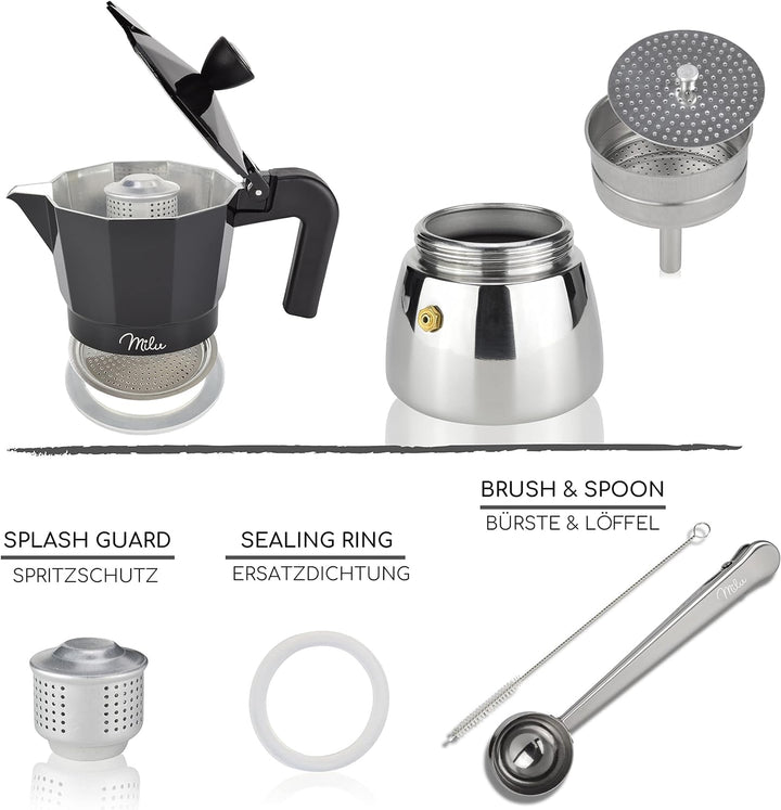 Milu Espressokocher Induktion geeignet | 3, 6, 9 Tassen | Aluminium Mokkakanne, Edelstahl Espressoka