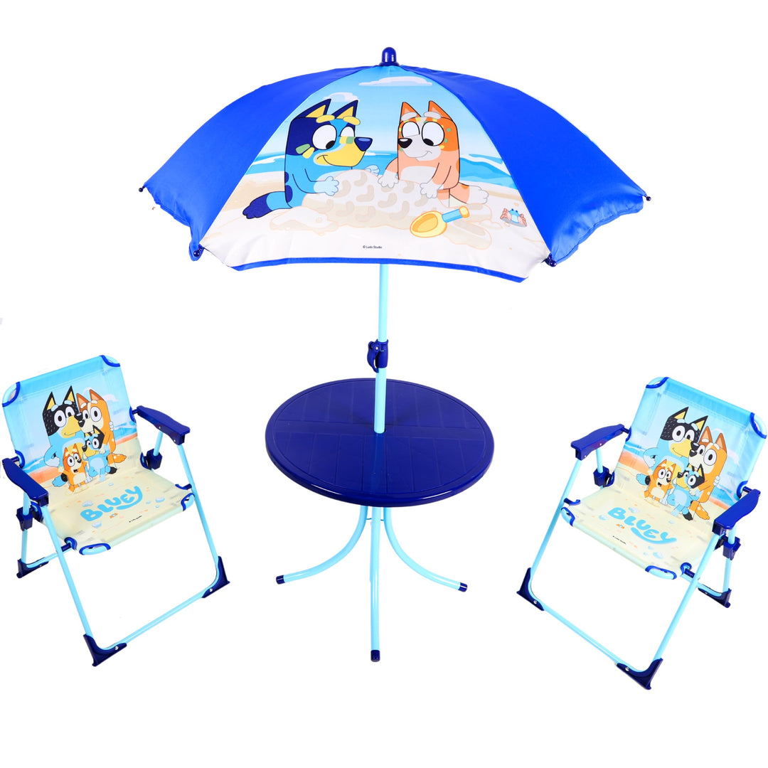 Toyland® Bluey & Bingo Terrassenset mit Tisch und Stühlen – 1 Tisch, 2 Stühle und 1 Sonnenschirm – K