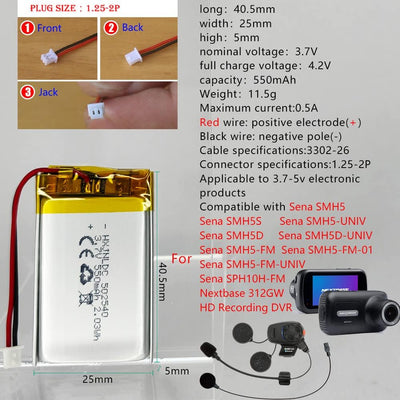 502540 3,7 V Batterie 550 mAh für Sena SMH5-Motorräder Bluetooth-Headset Batteriewechsel Sena SMH5-F