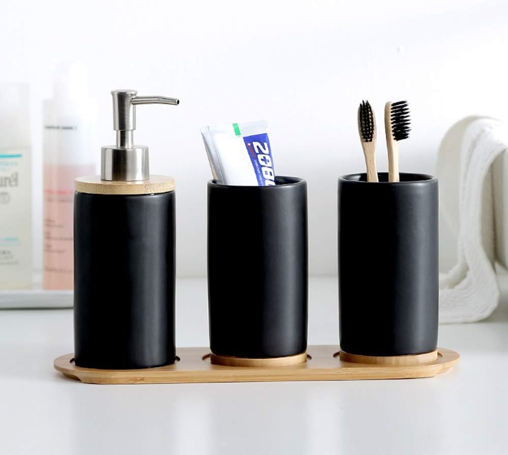 Badezimmer Accessoires Set Keramik, 4-teilig, Zahnbürstenhalter, Seifenspender, Bambus Fach, Zahnput