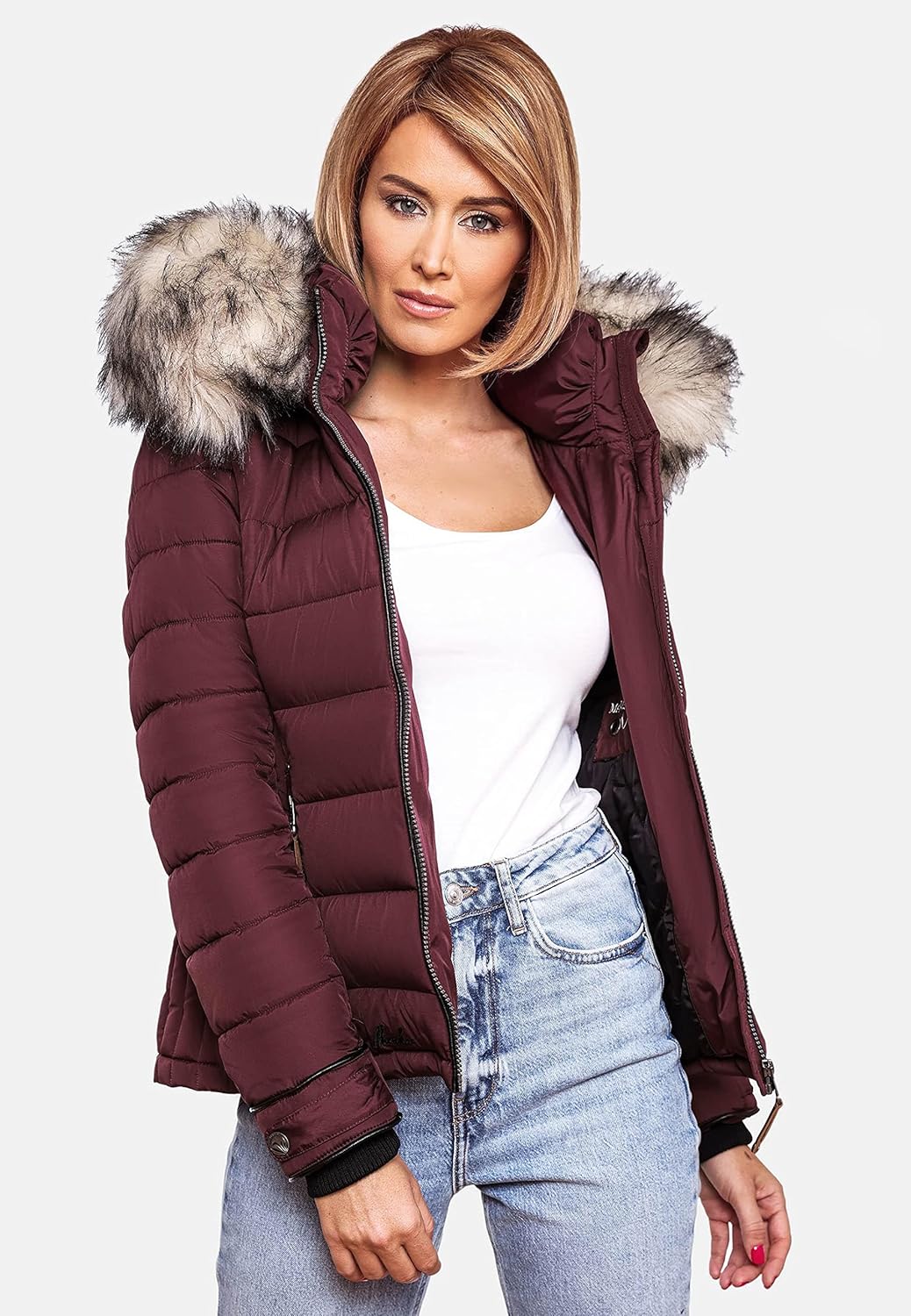 MARIKOO Damen Winterjacke Steppjacke mit abnehmbarem Kunstfell Lerikaa XS-3XL L Wine, L Wine