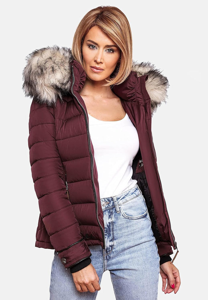 MARIKOO Damen Winterjacke Steppjacke mit abnehmbarem Kunstfell Lerikaa XS-3XL L Wine, L Wine