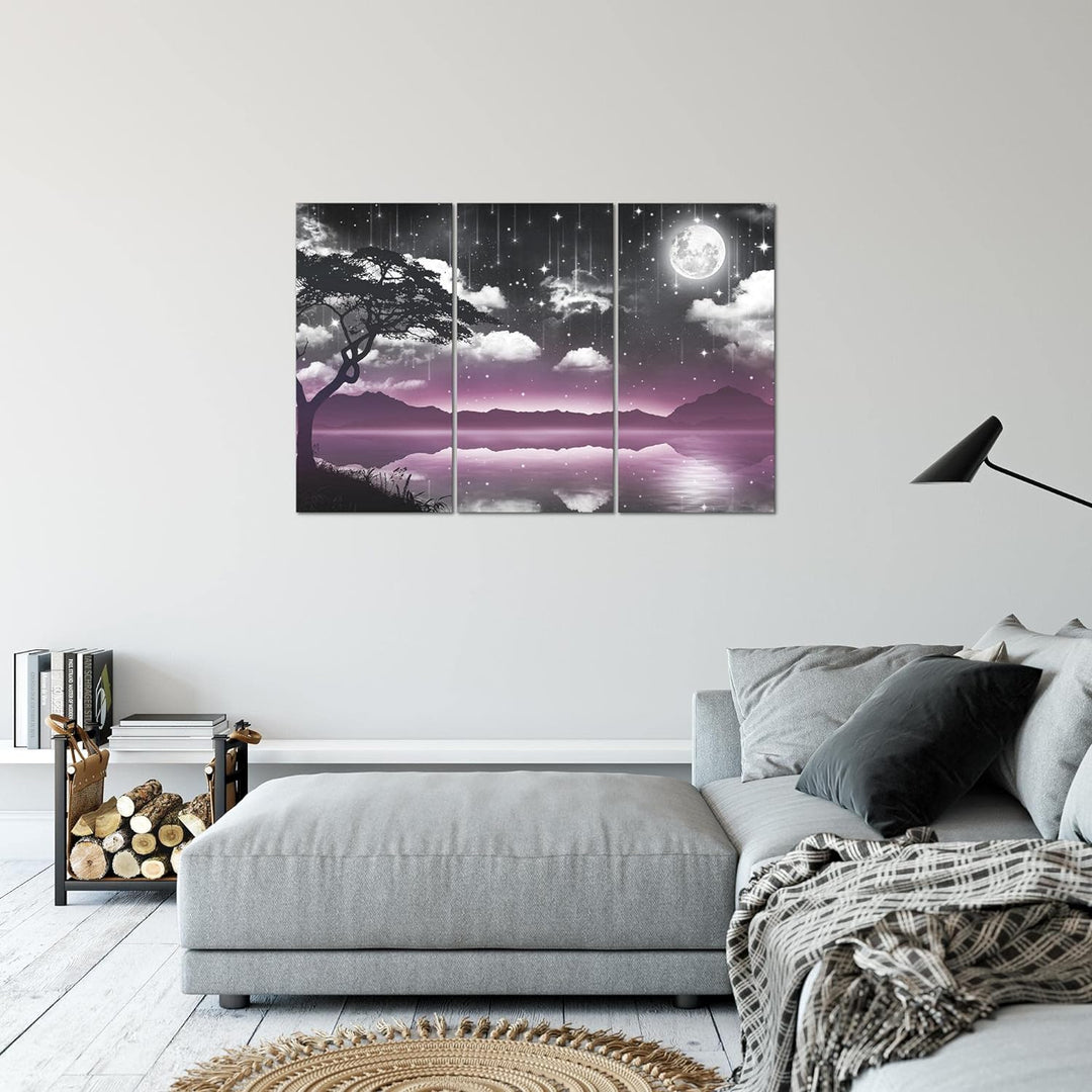 Runa Art Wandbilder Nachthimmel Natur Bild XXL Wohnzimmer Schlafzimmer Violett Grau Mondschein Wasse