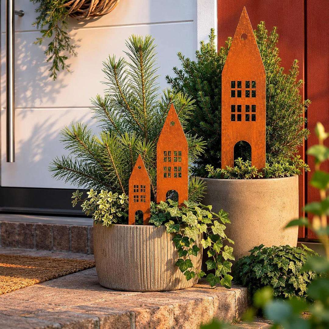 UNUS Garden Häuser Gartenstecker 3er Set, Gartendeko Rostoptik, Roststecker aus Edelrost Metall, Ros