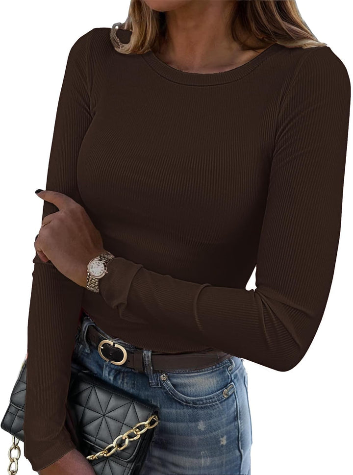 Langarmshirt Damen Rundhal Pullover Elegant Langarm Oberteile Rippshirt Tshirts Basic Tops Braun XS,