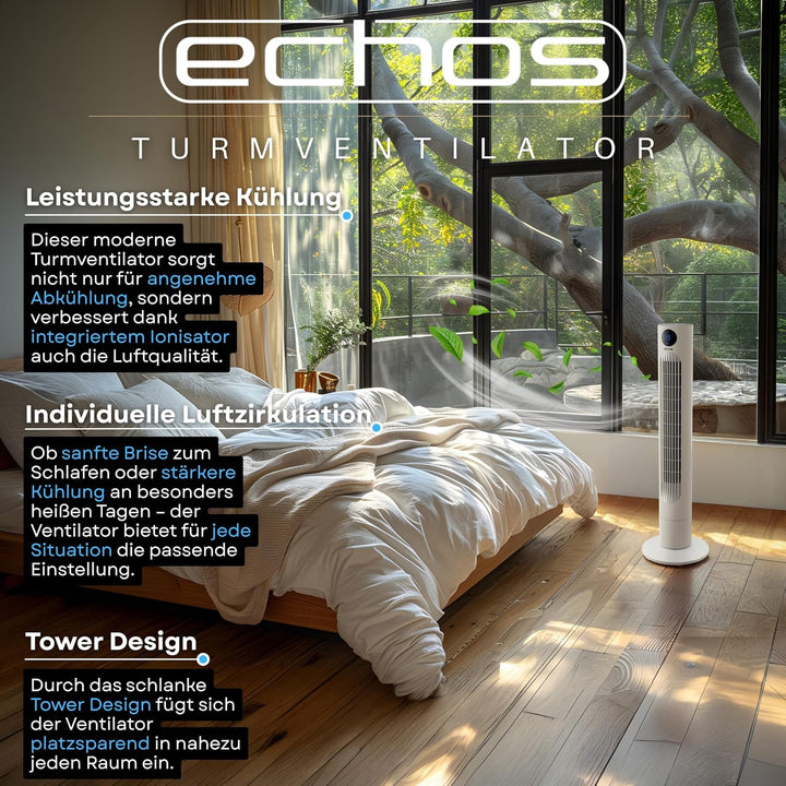 Echos Turmventilator | Ventilator sehr leise | Fernbedienung | Oszillierend | LED-Display | 3 Stufen